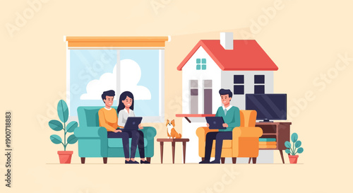 People working on laptops in a living room with a dog and house decor