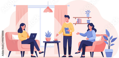 Team meeting in a cozy living room with laptops and plants