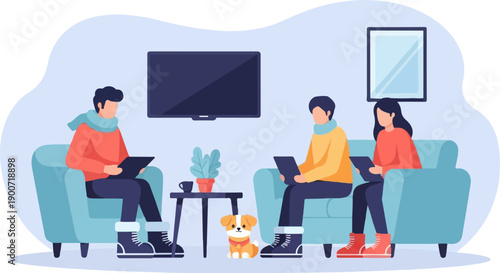 People relax indoors with a dog, engaged with devices, near a TV