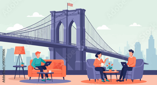 People relax with laptops and coffee near iconic bridge and city skyline