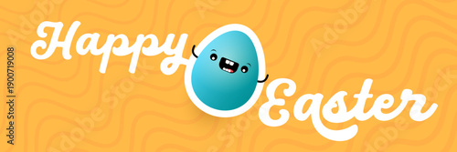 Happy Easter Bright orange horizontal header with text and friendly egg mascot character. Trendy seasonal banner for website backgrounds, social media promotions, and retail shop advertisements.
