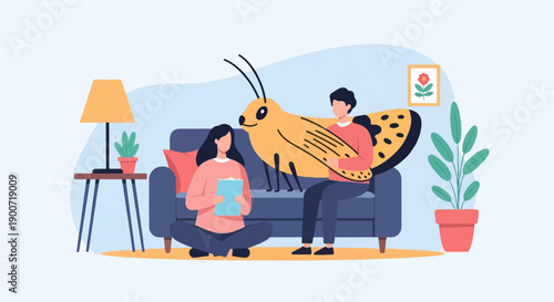 People relax on a couch with a large butterfly and houseplants