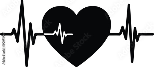 silhouette black heart with pulse ekg line for medical vector design