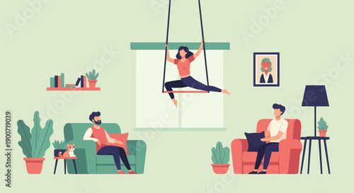 People relaxing and exercising in a cozy indoor setting