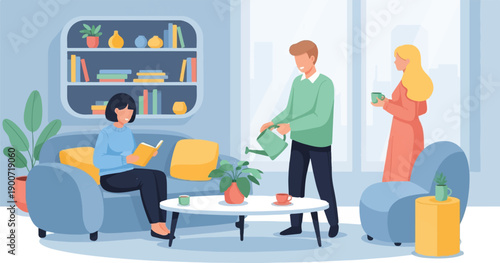 People relaxing and tending plants in a bright, modern living room