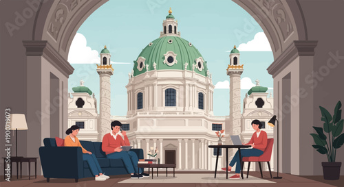 People relaxing and working in a balcony with a grand architectural backdrop