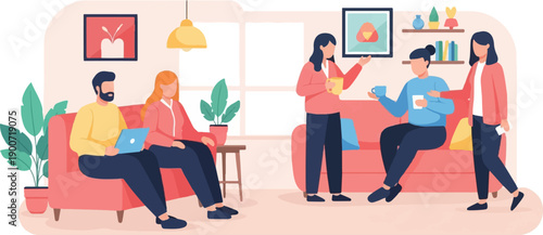 People relaxing and working in a cozy living room with plants
