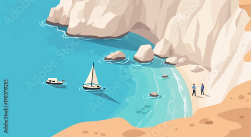 Serene coastal scene with a sailboat, a small boat, and two people on a sandy beach