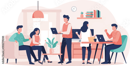 Team working together, collaborating on projects in a modern office space