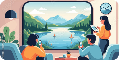 People inside looking at a serene mountain lake with sailboats and trees