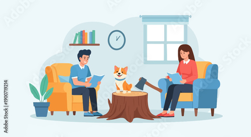 People relaxing at home with dog and books by a window