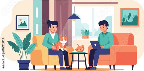 People relaxing at home with pets and technology