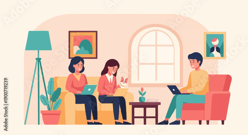 People working on laptops in a cozy living room with a small dog