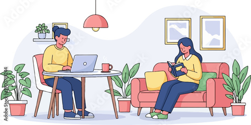 People relaxing at home, one working on laptop, another reading