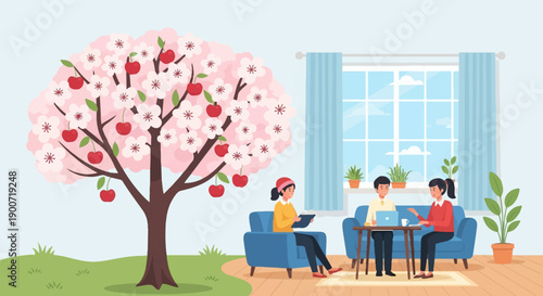 People interact indoors near a blooming cherry tree