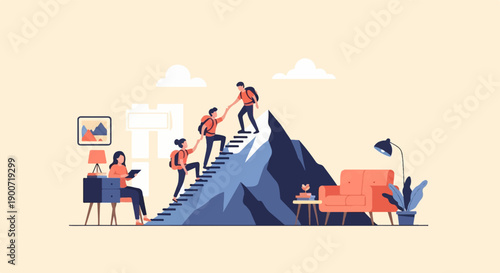 Teamwork as people climb a mountain, symbolizing achieving goals together