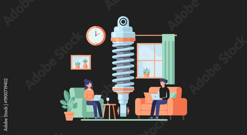 People working on laptops in a living room with a large shock absorber