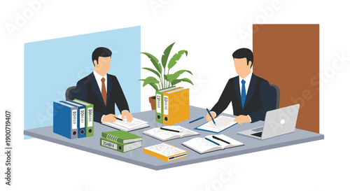 Two businessmen in suits are collaborating at a desk, working and reviewing paperwork together