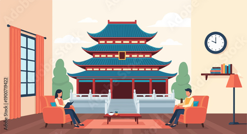 People relaxing in a cozy room with an East Asian pagoda visible outside