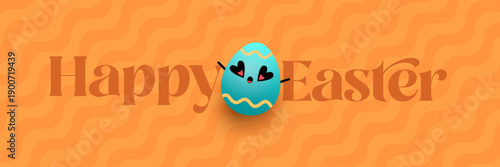 Happy Easter Bright orange horizontal header with text and friendly egg mascot character. Trendy seasonal banner for website backgrounds, social media promotions, and retail shop advertisements.