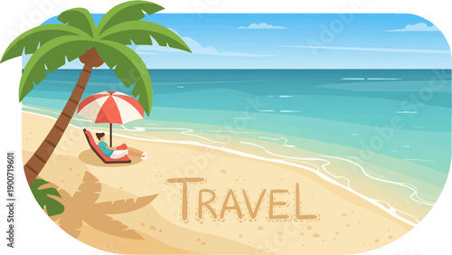 Serene beach scene with a person relaxing under an umbrella near a palm tree