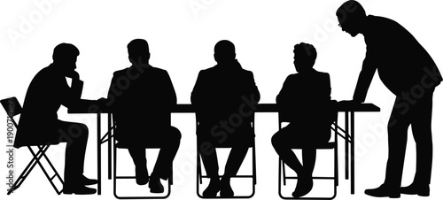 Business meeting team discussion silhouette, corporate conference table collaboration concept, professional office teamwork scene, strategy planning session, flat vector illustration