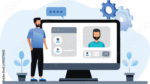 Vector illustration of a man standing next to a computer monitor with a user profile interface, for website or app UI mockup, isolated on light blue background