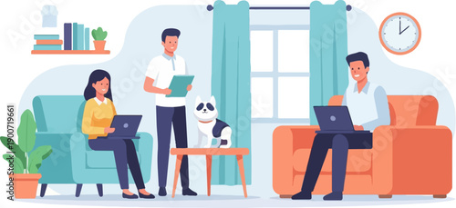 People working on laptops in a living room with a pet and a clock