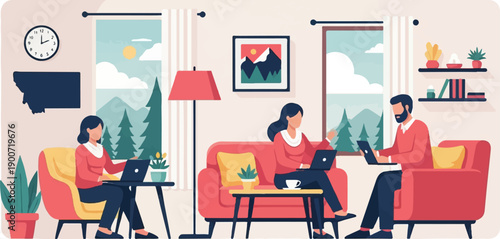 People working on laptops in a cozy living room with a scenic mountain view