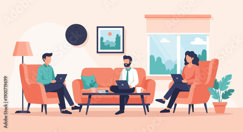 People working on laptops in a living room with minimalist decor