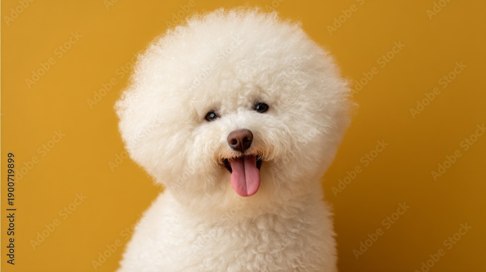 Obraz premium A cheerful fluffy dog smiles with its tongue out, sporting a vintage wig. The playful atmosphere is complemented by a warm yellow background, creating a delightful scene that radiates joy