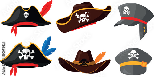 Pirate and captain hat vector set with skull symbols, bandanas and feathers for cartoon adventure design