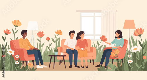 People relaxing indoors surrounded by blooming flowers and plants