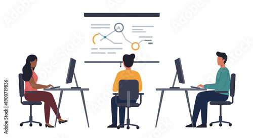 Three people attending a presentation in a modern office setting with a projection screen.