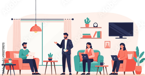 People working on laptops in a modern living room with a tv and shelves