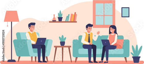 People working on laptops in a cozy living room with a lamp, plants, and books