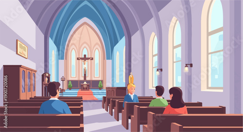 People sit in pews inside a brightly lit church with arched windows