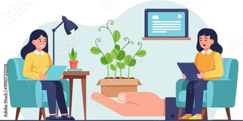 People tending to plants in chairs, a large hand holds them