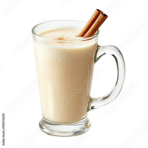 A warm and comforting mug of creamy eggnog with a cinnamon stick garnish isolated on transparent background
