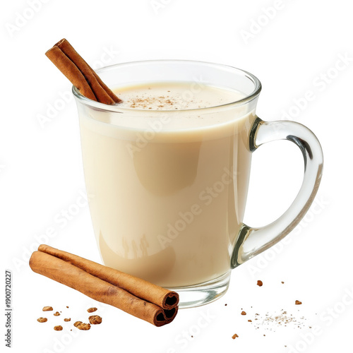 A warm and comforting mug of creamy eggnog with cinnamon sticks isolated on transparent background