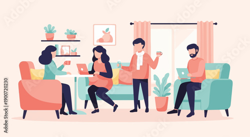 People using laptops and drinking coffee in a cozy living room