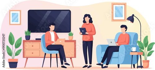 People using laptops and tablets in a cozy living room