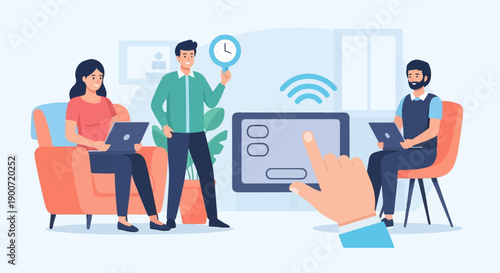 People using laptops and interacting with a smart screen