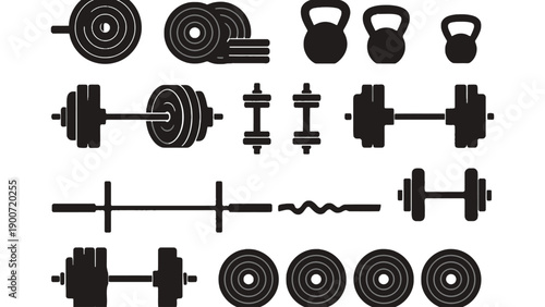A collection of various black gym equipment icons on a white background