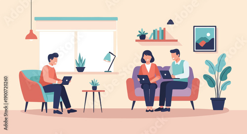 People using laptops in a cozy room with plants and art