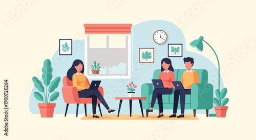 People working on laptops in a cozy living room setting