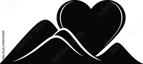 silhouette heart shape rising over a mountain range peak vector design