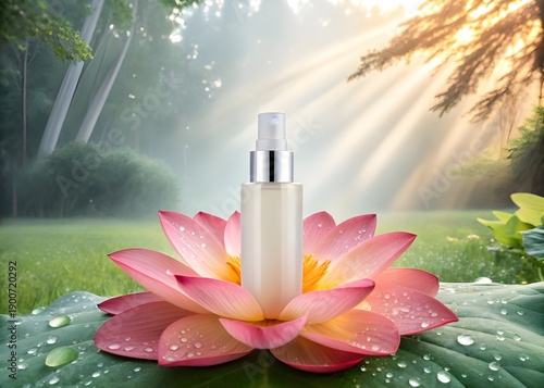Wallpaper Mural A serene and refreshing cosmetic spray bottle rests on a lotus flower, symbolizing purity and natural beauty, bathed in gentle sunlight Torontodigital.ca