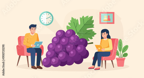 People using tablets in a room with a large bunch of grapes