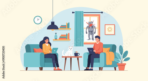 People with laptops and cat in a cozy room with robot art